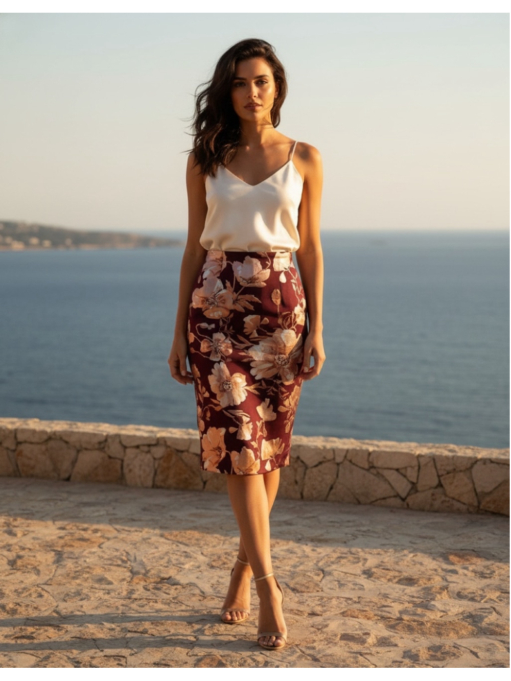 eci Plum Metallic Pink Floral Pencil Skirt Size M (30” Waist) Burgundy